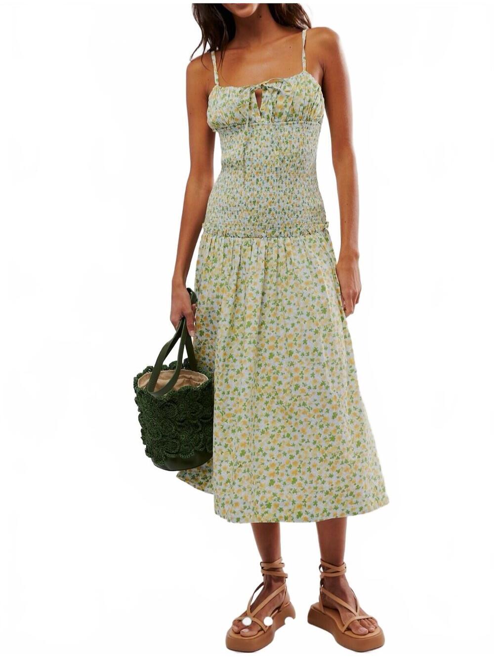 Free People Lavender Daze smocked dress Greyed Olive floral print Size L # 1272